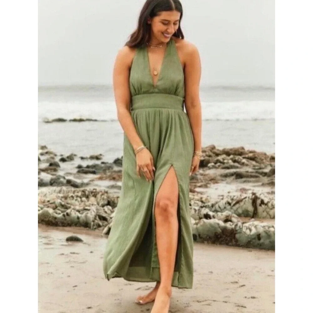 Abercrombie & Fitch Olive Green Halter Maxi Dress Textured V-Neck Slit XL Fall